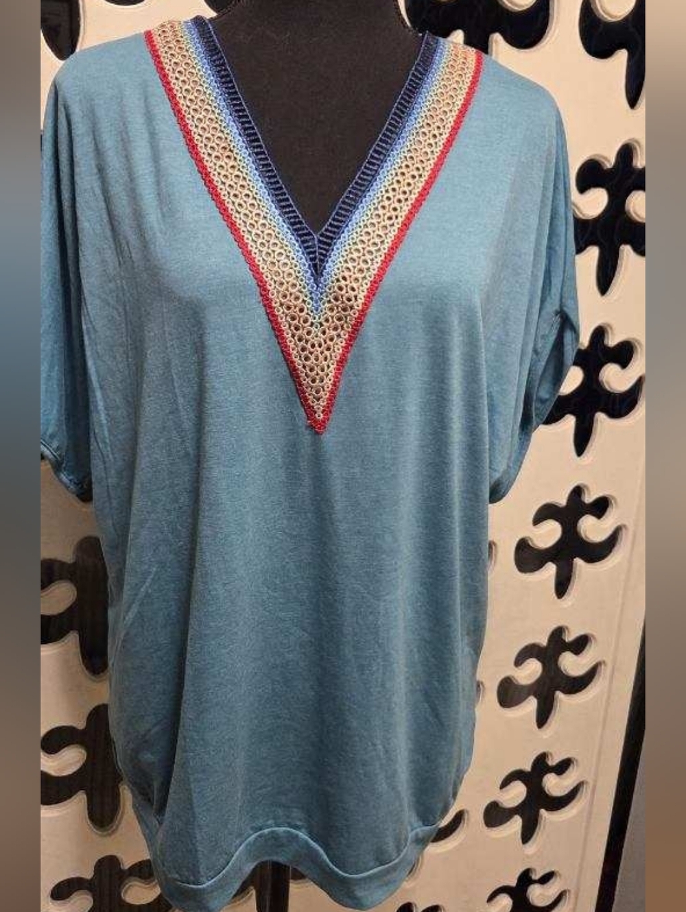 SHEIN Teal V-Neck Tunic with Red, Blue & Cream Trim